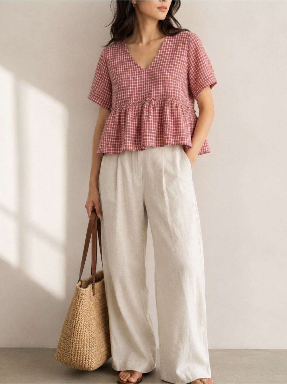 Karl Marc John Blouse Gingham Peplum French Girl Brique Red FR 38 Small